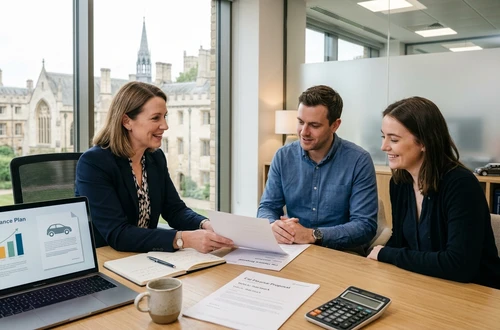 DriveWise lending specialist reviewing a car loan application with a client in a bright modern office